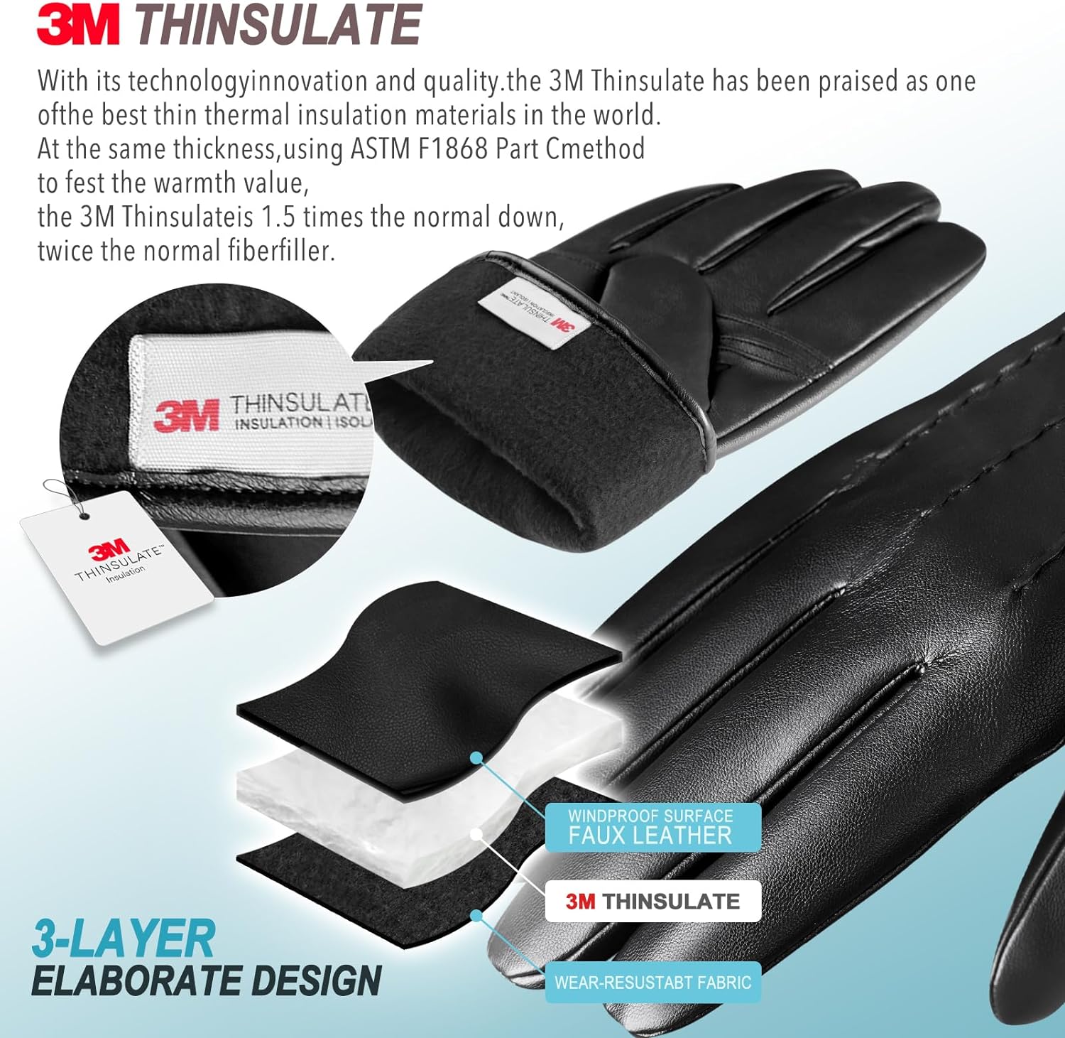 QUKOPSE Winter Leather Gloves for Men,Touchscreen Snow Driving Gloves with Cashmere Lining for Motorcycle Driving Riding… - Image 2